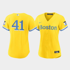 Womens Boston Red Sox Chris Sale #41 Gold Light Blue 2021 City Connect Replica Jersey