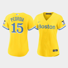 Womens Boston Red Sox Dustin Pedroia #15 Gold 2021 City Connect Nike Replica Jersey