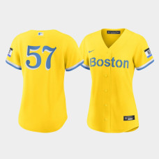 Womens Boston Red Sox Eduardo Rodriguez #57 Gold Light Blue 2021 City Connect Replica Jersey